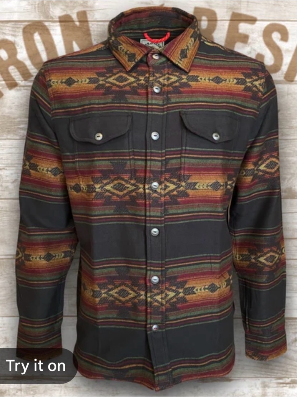 Iron & Resin Aztec Stripe Button-Up Jacket Shirt in Black, Red & Gold
